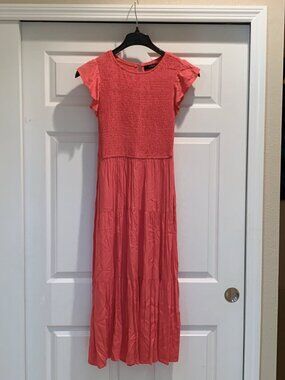 ZESICA Coral Pink Smocked Flutter Sleeve Tiered Maxi Dress Size S